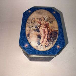 Vintage Metal Tin Blue Woman w/Clouds Floral Sides Lidded 3”x4”x2.5”